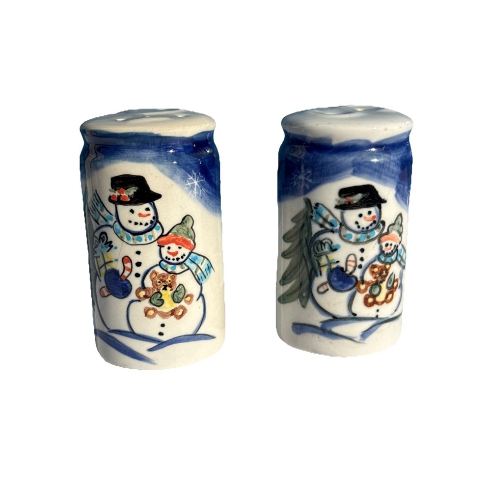 Stoneware SNOWMAN Blue White Salt & Pepper Shakers